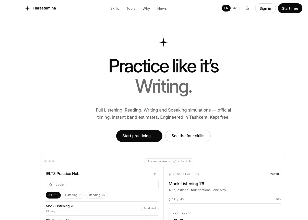 Flarestamina IELTS practice homepage