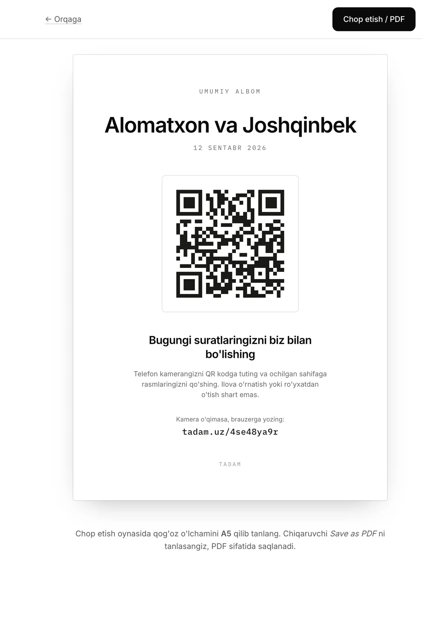 Tadam albomi uchun QR varaqasi